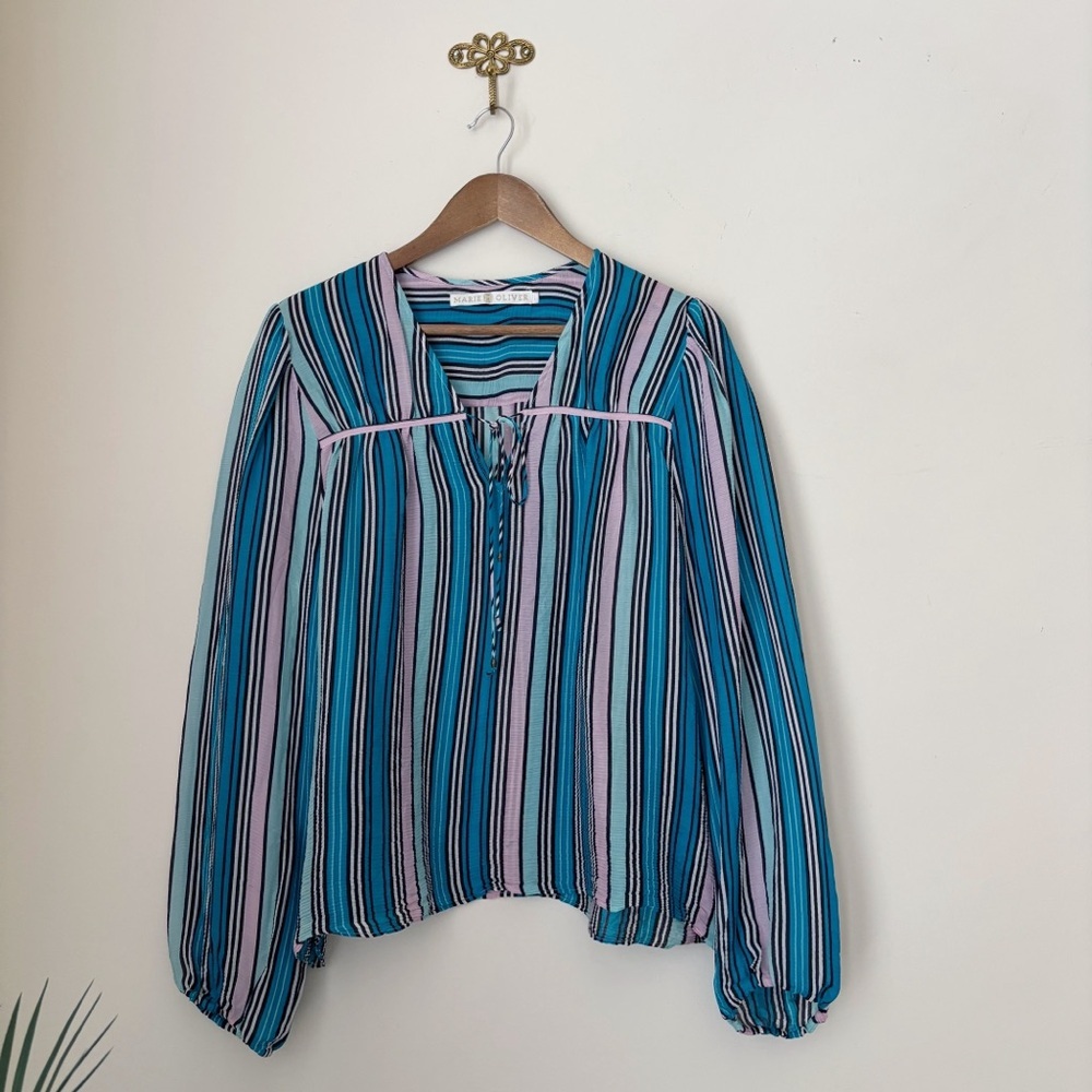Marie Oliver Blue & Pink Striped Crinkle Silk Blouse Large Summer Coastal